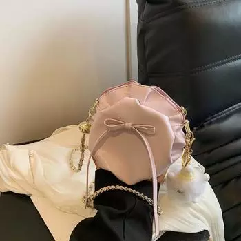 Маленькая женская сумка с милым бантом, новинка 2024 года, весенняя маленькая складная круглая сумка, модная сумка через плечо с цепочкой