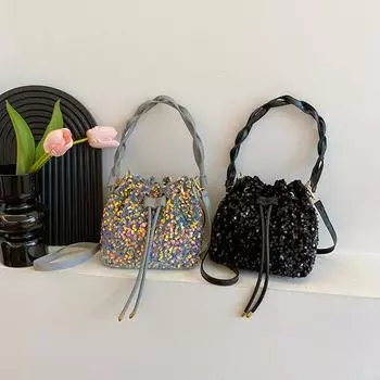 Маленькая женская сумка с пайетками через плечо, новая модная корейская сумка-ведро с завязками на одно плечо