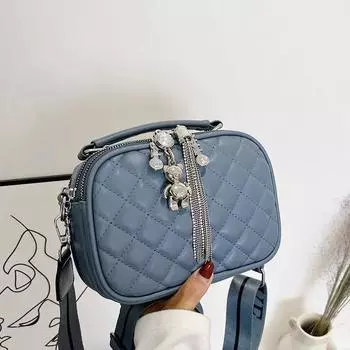 Маленькая женская сумка с широким плечевым ремнем и ромбовидной бахромой Премиум-сумка в иностранном стиле Niche Messenger Bag синий