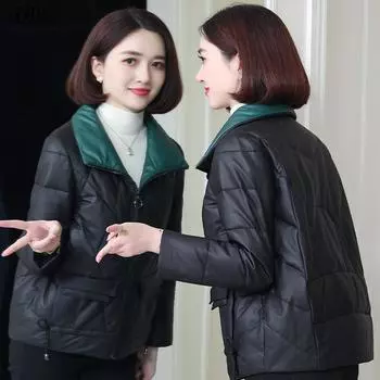 Маленькая зимняя новая повседневная кожаная куртка-пуховик из овчины высокого класса, кожаная куртка, женская короткая зимняя куртка 3XL