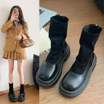 Маленькие эластичные узкие сапоги средней длины на толстой подошве, женские повседневные модные сапоги для верховой езды 2024 года, новые весенние и осенние одинарные сапоги 35 хаки