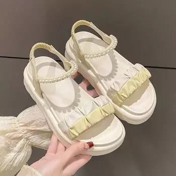 Маленькие ароматные босоножки женские летние фея жемчужные морские плиссированные пляжные толстые подошвы с юбкой женские туфли модные женские летние дышащие туфли 35