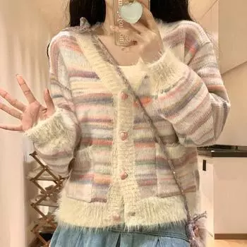 Маленькие ароматные свитера в полоску, вязаные свитера, кардиган, женский весенне-осенний свободный ветровой молочный кардиган, свитер, женское пальто One Size розовый
