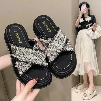 Маленькие ароматные тапочки на толстой подошве, женские летние сандалии с крестообразным жемчугом, тапочки, женская пляжная обувь, женская модная летняя дышащая обувь 35