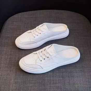 Маленькие белые туфли из натуральной кожи Half Drag, женская обувь, верхняя одежда, новые летние сандалии Baotou из воловьей кожи на плоской подошве для женщин 35 белый