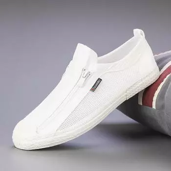 Маленькие белые туфли Мужская обувь Полая сетка Низкие парусиновые туфли на молнии Дышащая повседневная обувь Бордовые туфли Tide 38