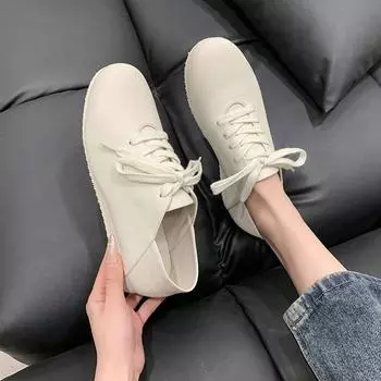 Маленькие белые туфли на шнуровке с круглым носком для женской весенне-летней повседневной одежды на тонкой плоской подошве 35