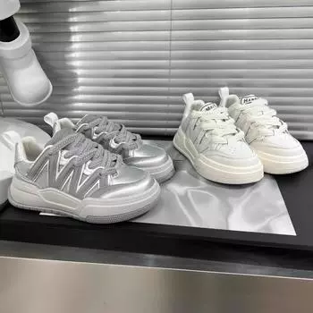 Маленькие белые туфли на толстой подошве для женщин, новые дышащие сетчатые туфли для отдыха и спорта, серебристые туфли для доски 35