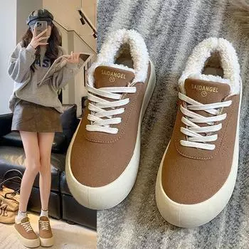 Маленькие белые туфли на толстой подошве, женские, новинка 2024 года, обувь из овечьей шерсти, повседневная обувь из бархата, теплая спортивная обувь из хлопка 35 чёрный