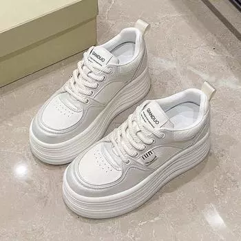 Маленькие белые туфли на толстой подошве для женщин и невысоких мужчин, новая весенняя универсальная обувь на шнуровке 2025 года для студенток, позволяющая увеличить их рост и 35 серебряный