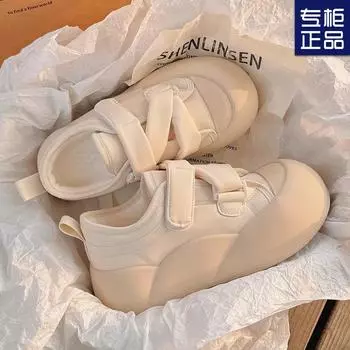 Маленькие белые туфли на толстой подошве, модные женские туфли на липучках 2025 года, весна-осень, новые популярные универсальные шикарные туфли для хлеба, повседневные туфли для скейта 35