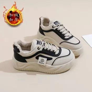 Маленькие белые туфли на толстой подошве, женские туфли, зимние, бархатные, утолщенные, новые, модные, в стиле кампуса, универсальные, повседневные туфли, хлопковые туфли XW235 35 хаки