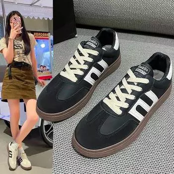 Маленькие белые туфли, новинка осени 2024 года, студенческие моральные тренировки, спортивные одинарные туфли, повседневная обувь в стиле ретро, повседневная дышащая обувь для доски 35 чёрный