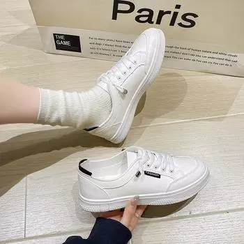 Маленькие белые туфли новые ретро плоская подошва круглый носок универсальные кеды на шнуровке студенческие спортивные и повседневные туфли 35