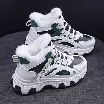 Маленькие белые туфли, новый стиль, бархатные толстые теплые хлопковые туфли, черные универсальные кожаные туфли, высокие спортивные туфли на осень и зиму 35-44 35 чёрный