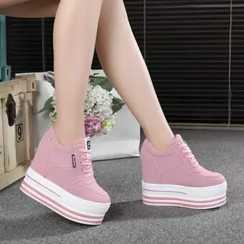 Маленькие белые туфли с эндогенной высотой 12 см, женская повседневная спортивная обувь на толстой подошве с кружевной танкеткой 36 чёрный