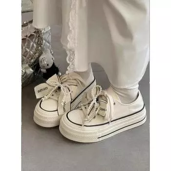 Маленькие белые туфли с бантом и бисером, женские, новинка 2025 года, удобные повседневные парусиновые туфли с толстой подошвой и круглым носком на шнуровке 35 бежевый