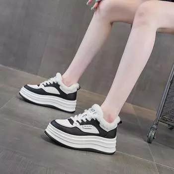 Маленькие белые туфли с круглым носком и толстой подошвой, увеличивающие рост, повседневная модная обувь для досок 34 чёрный