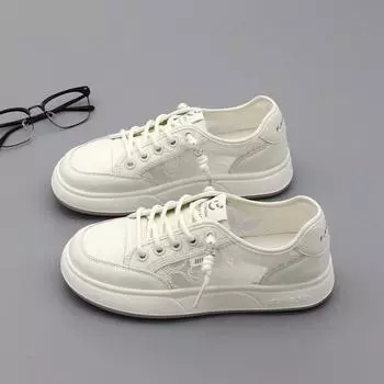 Маленькие белые туфли с одной педалью, сетчатые, дышащие, женские, для серфинга, лето 2024 г., корейская версия, повседневные туфли с круглой головкой и стразами на плоской подошве 35 абрикосовый