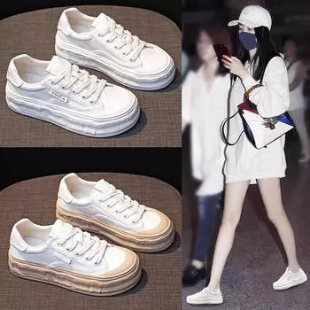 Маленькие белые туфли с растворяющейся кожей. Женские весенние универсальные повседневные кроссовки в популярном стиле с толстой подошвой. Женская обувь цвета Super Fire Biscuit с увеличенной подошвой. 35