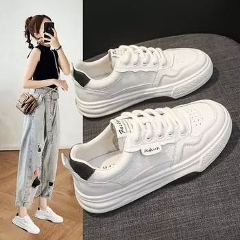 Маленькие белые туфли с толстой подошвой Женская обувь Весна и осень Повседневная обувь для сноуборда Студенческая спортивная обувь Одиночные туфли 35