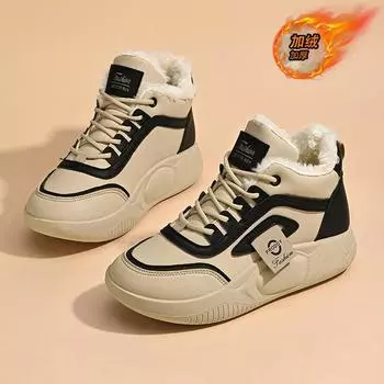 Маленькие белые туфли с высоким берцем из бархата для женщин, зимняя новая обувь для студентов 2024 года, корейская версия теплых повседневных хлопковых туфель Q250 35