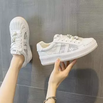 Маленькие белые туфли, сетчатые туфли с толстой подошвой, повседневные кроссовки 35 серебряный