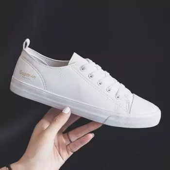 Маленькие белые туфли, тонкие универсальные женские туфли, повседневные туфли из парусины на плоской подошве 6851 35 белый