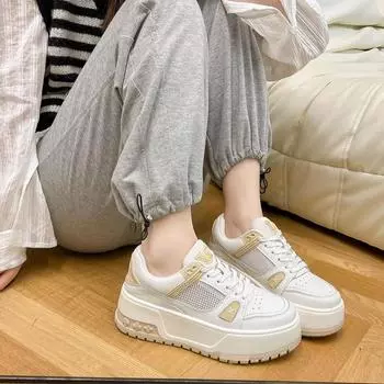 Маленькие белые туфли в сетку, женские летние новые туфли, увеличивающие рост на толстой подошве, повседневные универсальные дышащие кроссовки из натуральной кожи