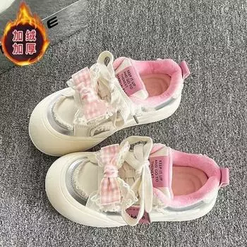 Маленькие белые туфли в стиле кампуса 2024 года, новые бархатные туфли с бантом, женская универсальная обувь, повседневные туфли на платформе 35