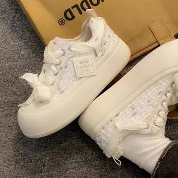 Маленькие белые туфли Xiaoxiangfeng, женские, весна 2024, новые популярные туфли на платформе из парусины, туфли для хлеба с юбками, школьные туфли 35 бежевый