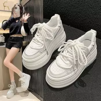 Маленькие белые туфли женские осенние толстые подошвы для пожилых людей с чувством повседневного спорта в высоких туфлях-булочках 34 белый