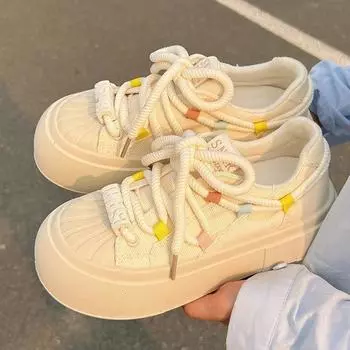 Маленькие белые туфли женские парусиновые туфли на толстой подошве с бортовыми туфлями 35