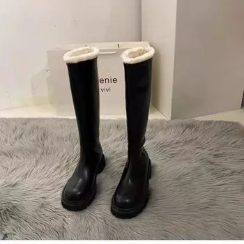 Маленькие длинные сапоги-трубы рыцаря, женская обувь 2024 года, новые осенне-зимние туфли из утолщенного хлопка с начесом, белые зимние сапоги 35