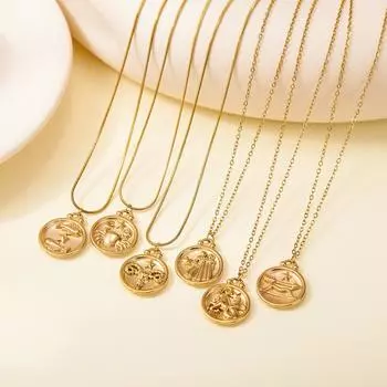Маленькие и универсальные украшения для темперамента, рельеф двенадцати знаков зодиака, чувство дизайна, круглая подвеска, ожерелье из титановой стали для женщин 45CM