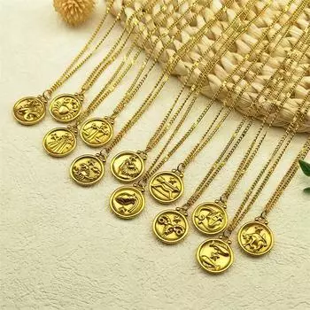 Маленькие и универсальные украшения для темперамента, рельеф из нержавеющей стали с изображением двенадцати знаков зодиака, круглая подвеска, ожерелье из титановой стали 45CM