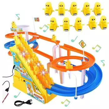 Маленькие игрушки для лазания уток, игровой набор с электрическими утками в погоне за гоночной трассой с 10 светодиодными мигающими огнями и музыкальной кнопкой, забавная игрушка для восхождения по лестнице с утками 36*17*20cm