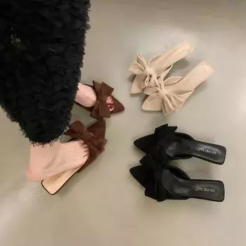 Маленькие классные тапочки на высоком каблуке с острым носком, женская обувь, новинка 2025 года, босоножки с бантом и темпераментом 35 абрикосовый