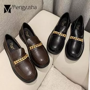 Маленькие кожаные туфли для девушек из колледжа, женские туфли с металлической цепочкой, на плоской подошве, с толстым каблуком, с квадратным носком, двухсторонние туфли дерби для женщин, оксфорды 4.5 чёрный