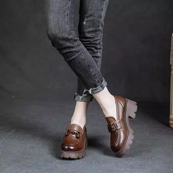 Маленькие кожаные туфли из воловьей кожи с первым слоем, женские лоферы с металлической пряжкой в британском стиле ретро, обувь на толстой подошве, приподнимающая литературную форму 34 чёрный