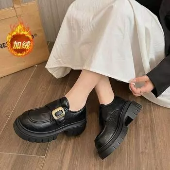 Маленькие кожаные туфли на платформе в британском стиле, женские, зима 2024, новые, ретро, бархатные, утолщенные, теплые, маленькие мокасины 35