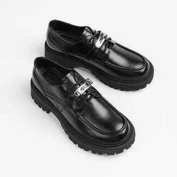 Маленькие кожаные туфли на шнуровке с пряжкой для женщин, весенние, новые, на толстой подошве, черные, женские, на толстом каблуке, одинарные туфли, лоферы, колледж 35