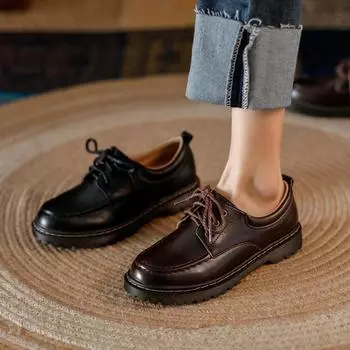 Маленькие кожаные туфли на шнуровке в британском стиле, женские универсальные туфли на платформе, туфли-лоферы в стиле ретро с круглым носком и толстым каблуком 34
