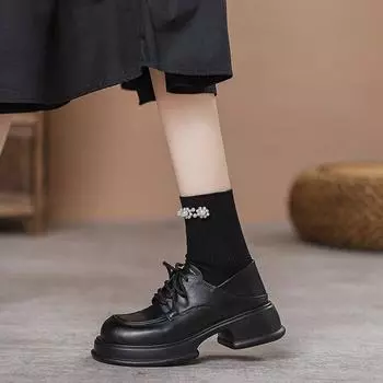 Маленькие кожаные туфли на толстой подошве со шнуровкой, женские сотни черных туфель Le Fu в стиле колледжа в Англии 35 бежевый