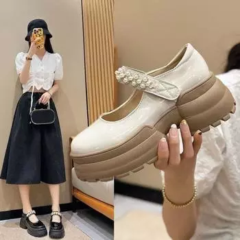Маленькие кожаные туфли Новые женские туфли в британском стиле на толстой подошве Весна и осень Внутренняя часть соответствует юбке соответствует Туфли-лодочки на высоком каблуке 35 чёрный