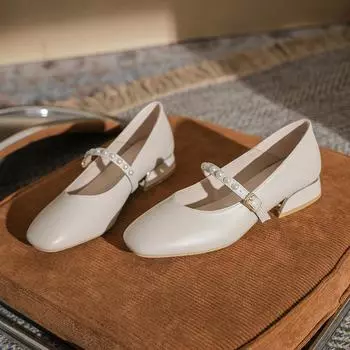 Маленькие кожаные туфли P, женская обувь с жемчугом, средний каблук, туфли на шпильке, летняя пряжка, женская обувь в римском стиле в стиле ретро с толстой подошвой 34