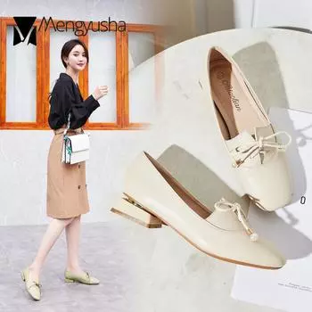 Маленькие кожаные туфли с бантом и жемчугом, женские туфли на плоской подошве, туфли на низком каблуке, мокасины, туфли бабушки с квадратным носком, женские однотонные туфли-оксфорды на шнуровке 4.5 бежевый