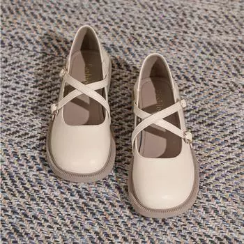 Маленькие кожаные туфли с круглым носком для женщин, новые однобортные туфли в студенческом стиле, женские туфли на плоской подошве в британском стиле Мэри Джейн 34 чёрный