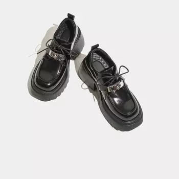 Маленькие кожаные туфли с металлической толстой подошвой в британском стиле, женские, весенние, новые кожаные туфли в стиле ретро, женские туфли Le Fu Shoes Female 34 чёрный