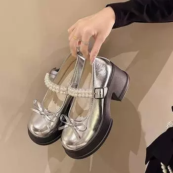 ~ Маленькие кожаные туфли Sweet Wind на платформе из серебра. Женские туфли Мэри Джейн с бисером. ~ Лоферы на высоком каблуке. 35 серебряный